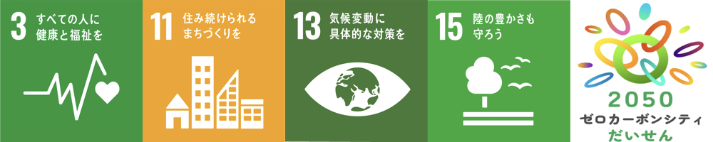 SDGsの目標、3，11，13，15の画像と2050年ゼロカーボンシティだいせんのロゴマーク